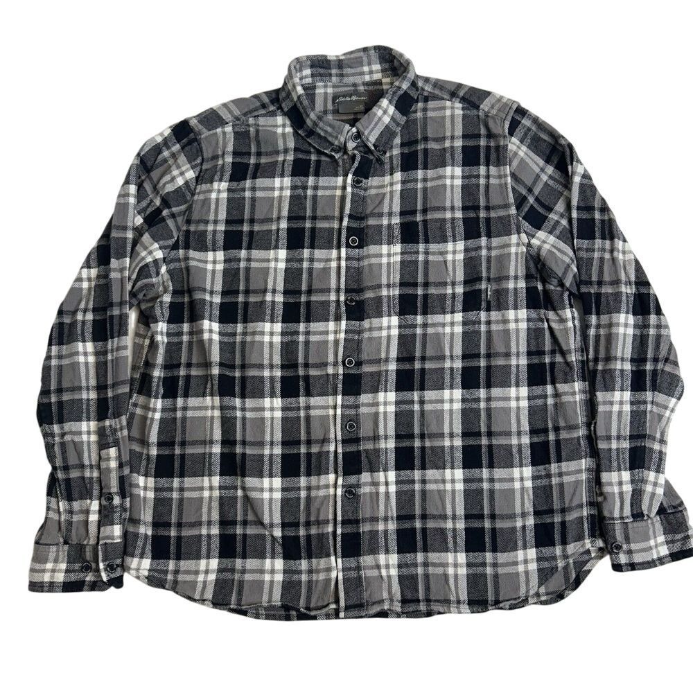 Eddie Bauer Men's‎ Flannel Shirt Black Grey White Plaid Button Down Size XL